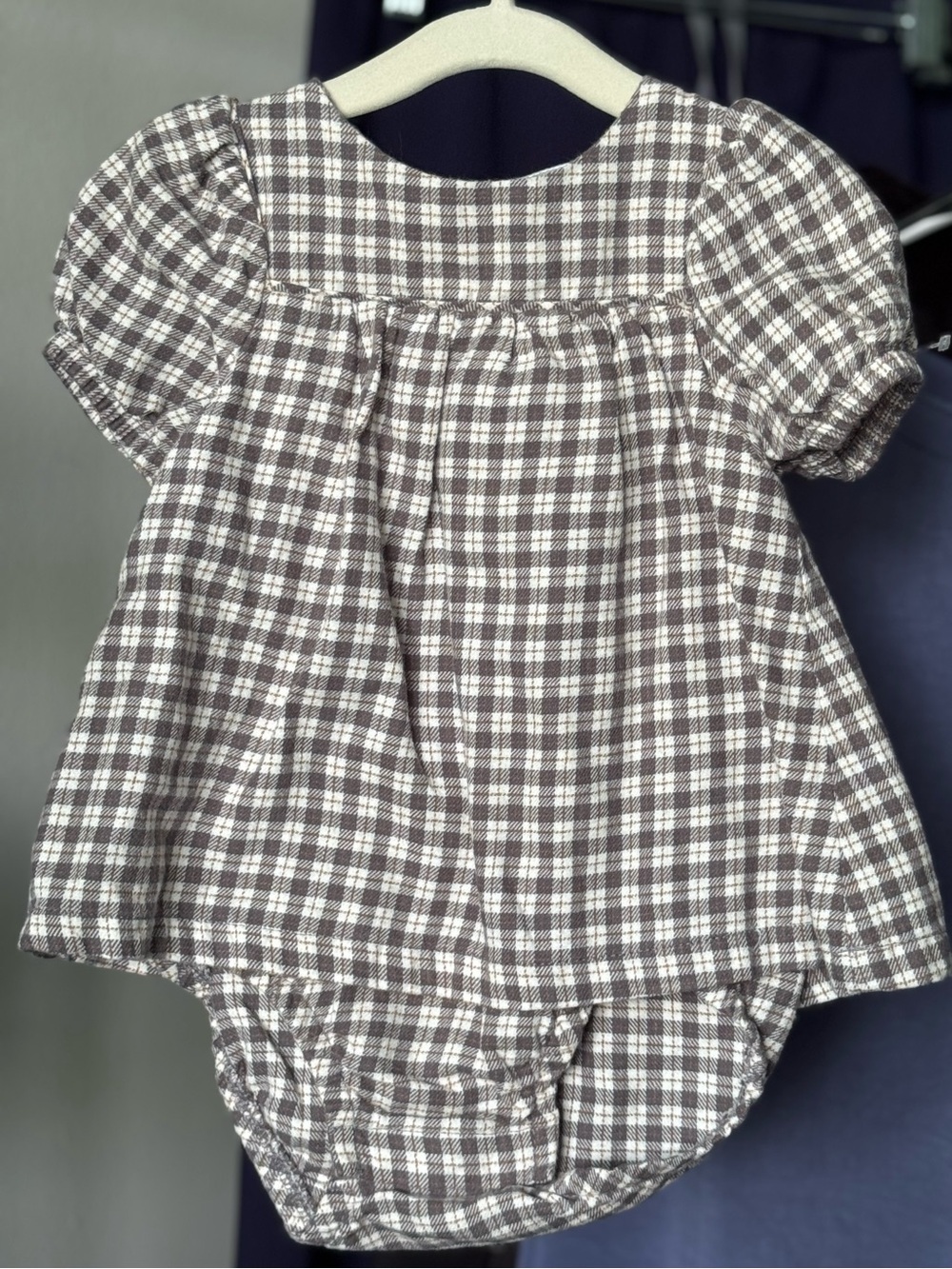 NWOT Carter's Baby Girl Brown Plaid Puff Sleeve Bubble Romper Dress 6-9M